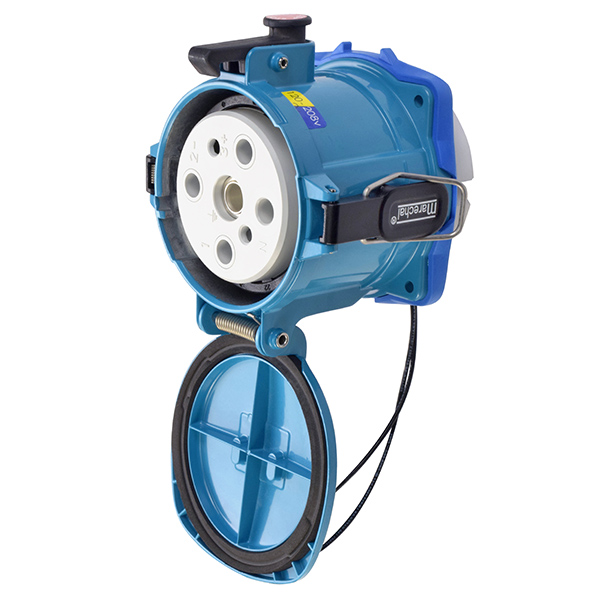 37-24167-972-180-4X - DS200 RECEPTACLE METAL BLUE SIZE 6 TYPE 4X 3P+N+G 200A 120/208 VAC 60 Hz +2 AUX 180 DEGREE OPENING LID TYPE 4X WATERTIGHTNESS